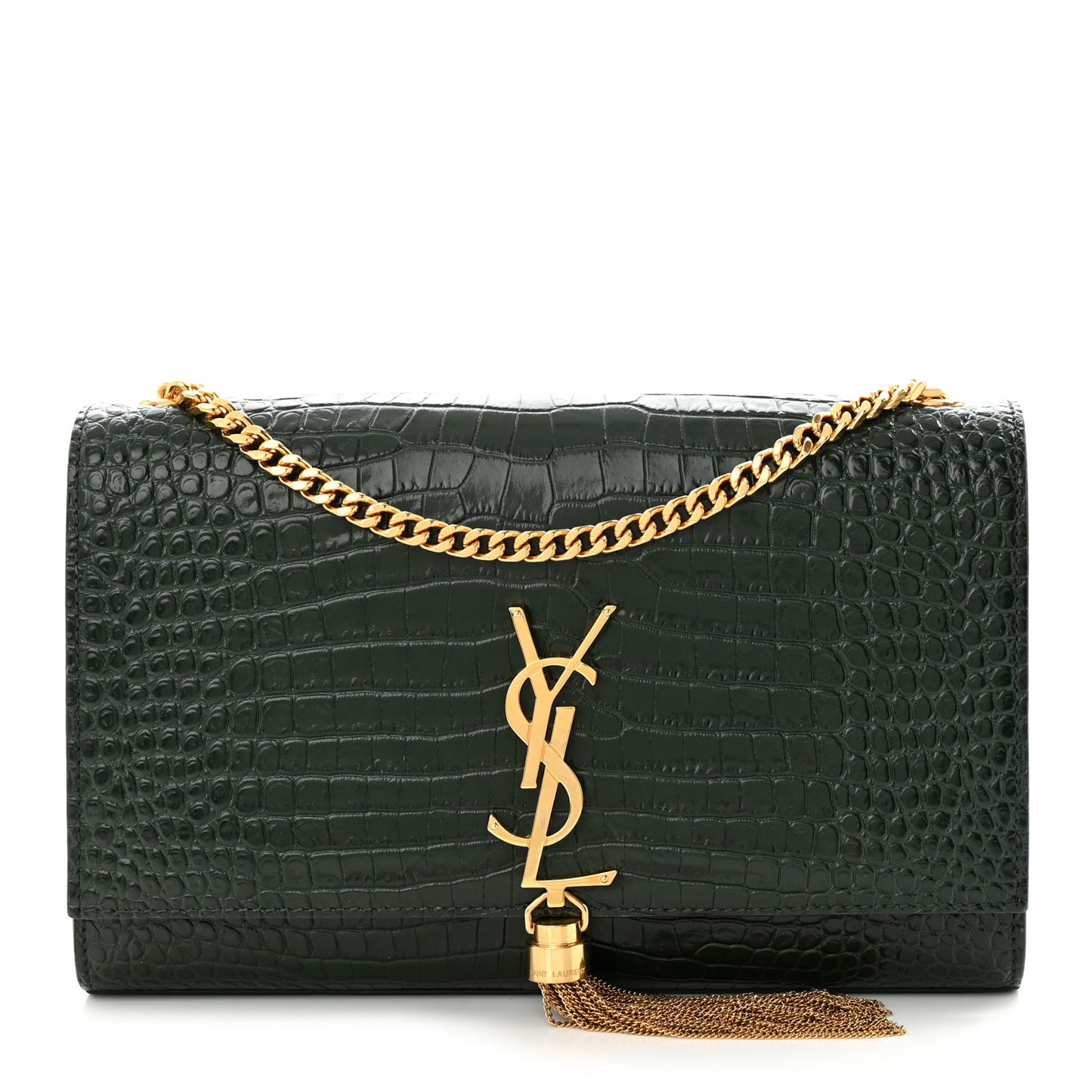Calfskin Crocodile Embossed Medium Classic Monogram Kate Tassel Satchel Dark Mint