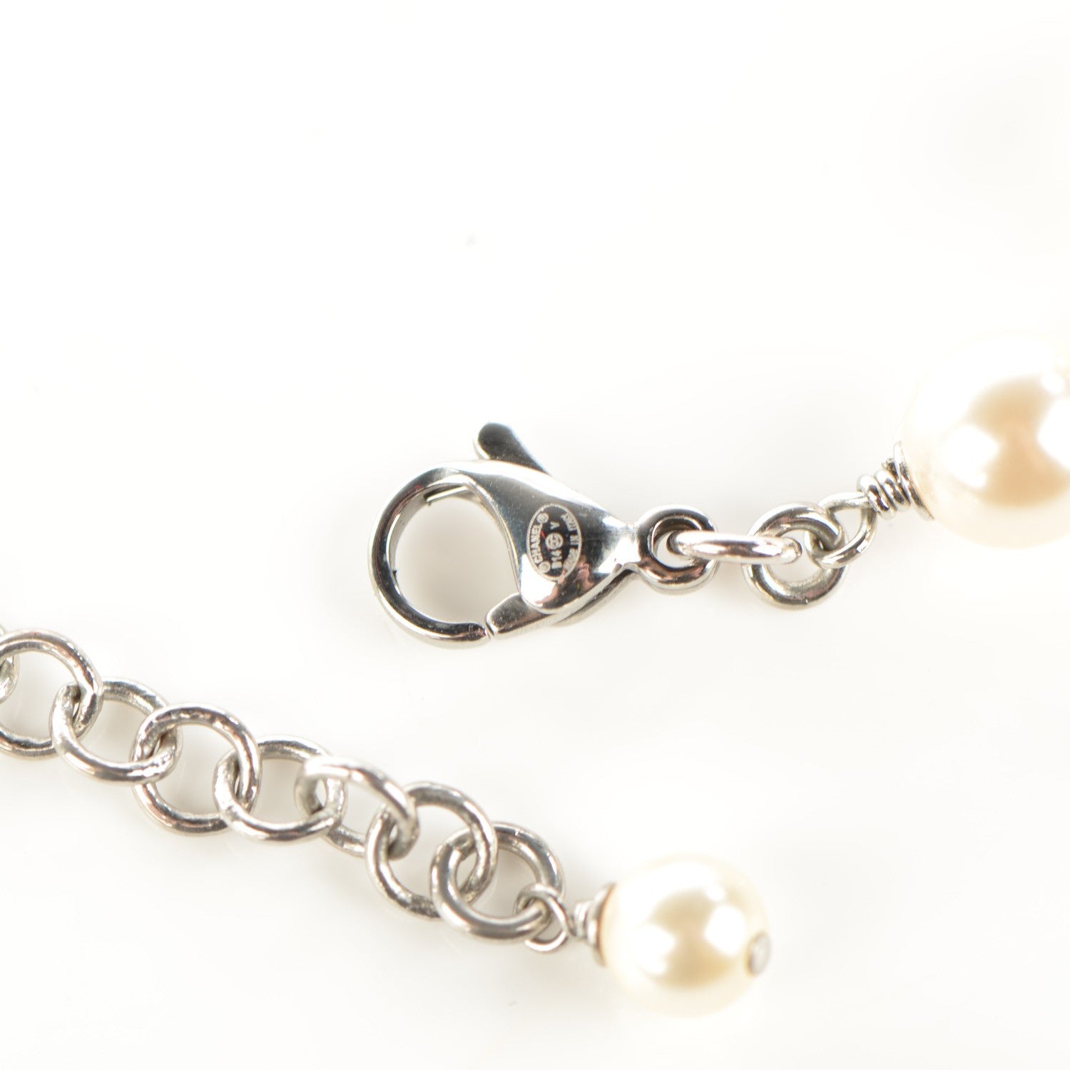 Chanel Crystal Pearl CC Long Necklace Silver 5 of 7