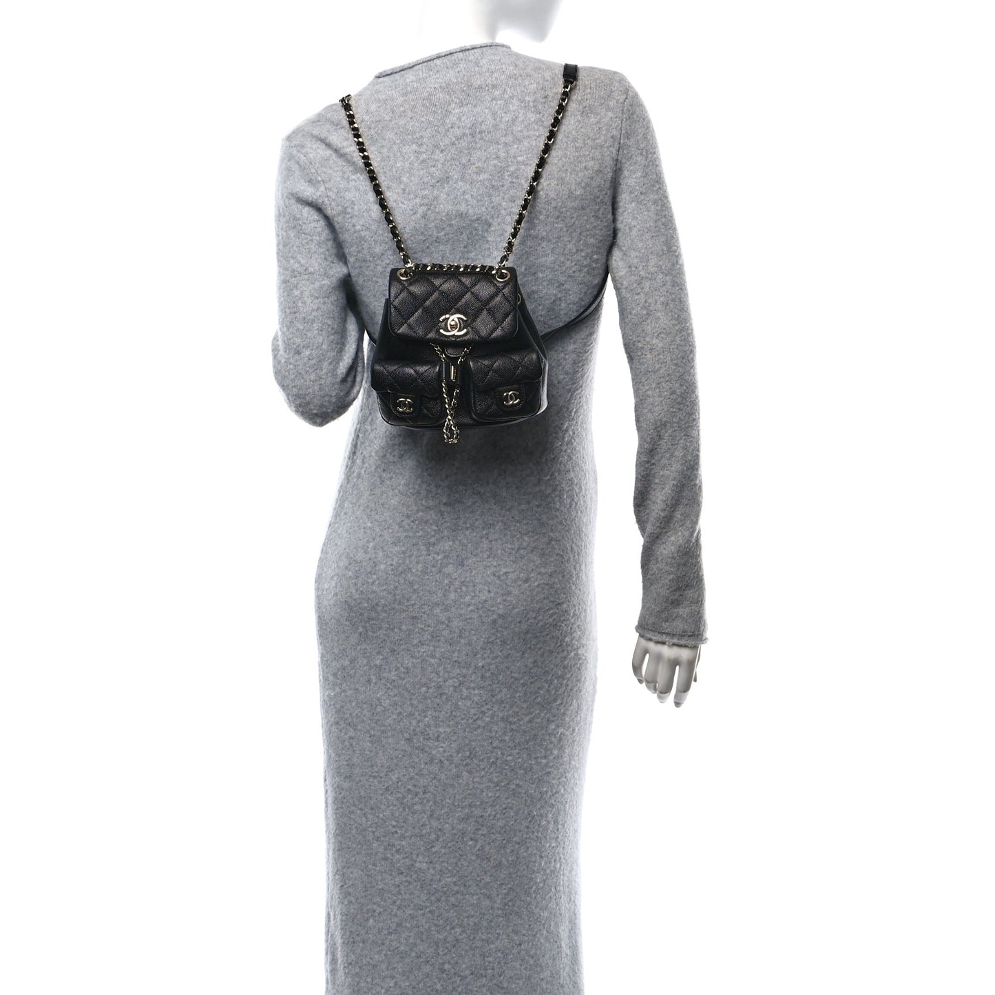 Shiny Caviar Quilted Small Duma Pockets Drawstring Backpack Black