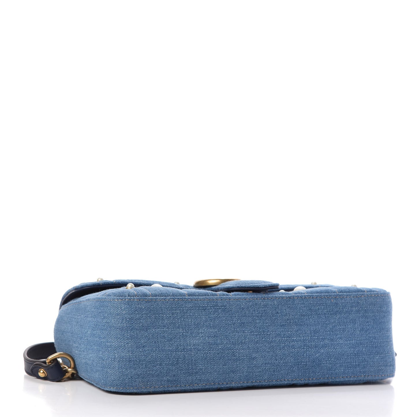 Denim Matelasse Pearl Studded Small GG Marmont Shoulder Bag Blue