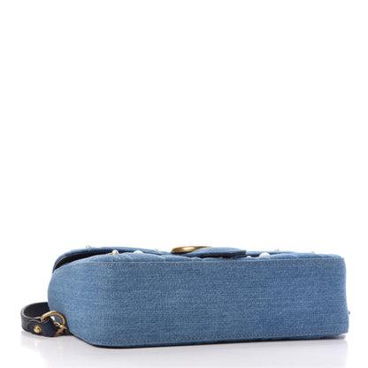 Gucci Denim Matelasse Pearl Studded Small GG Marmont Shoulder Bag Blue 4 of 9