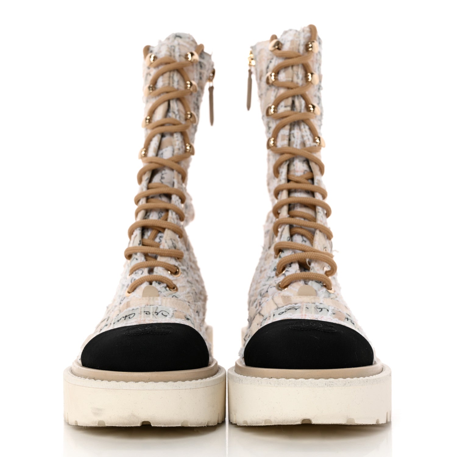 Chanel Tweed Grosgrain Cap Toe Lace Up Combat Boots 37 Multicolor 2 of 14