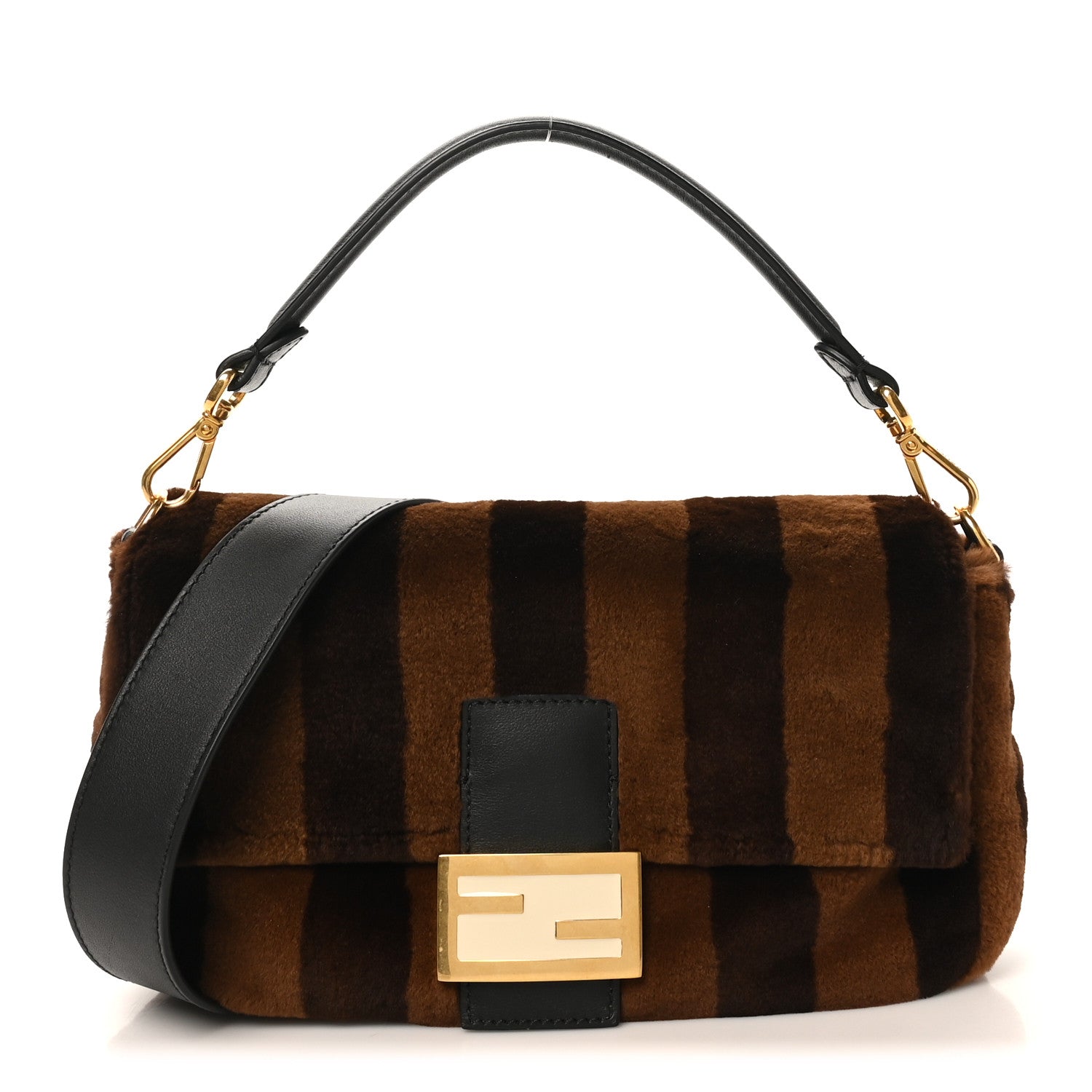 Fendi Shearling Vitello Vernice Mou Pequin Striped Baguette Tobacco Black 1 of 10
