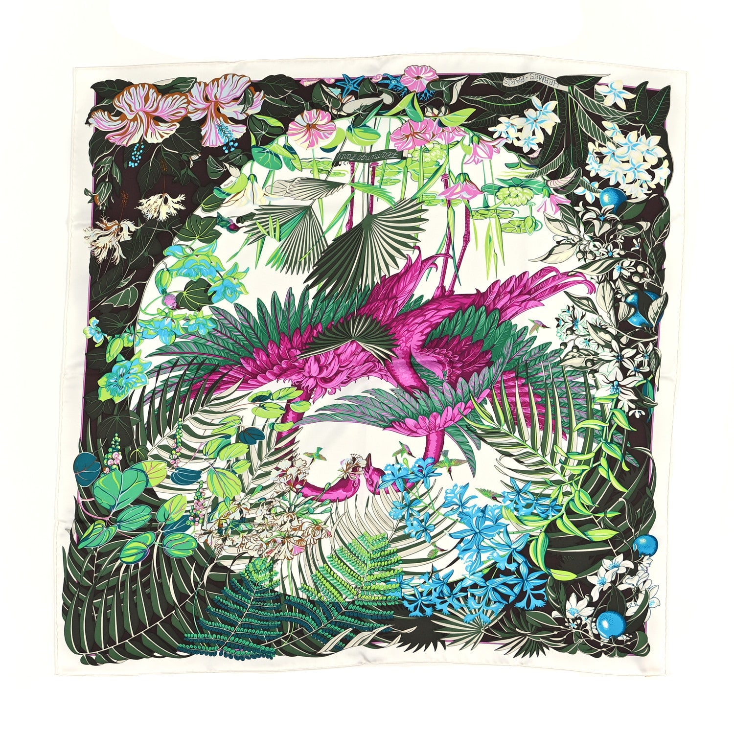 Hermes Silk Flamingo Party Shawl 90 White Vert Fuchsia 1 of 5