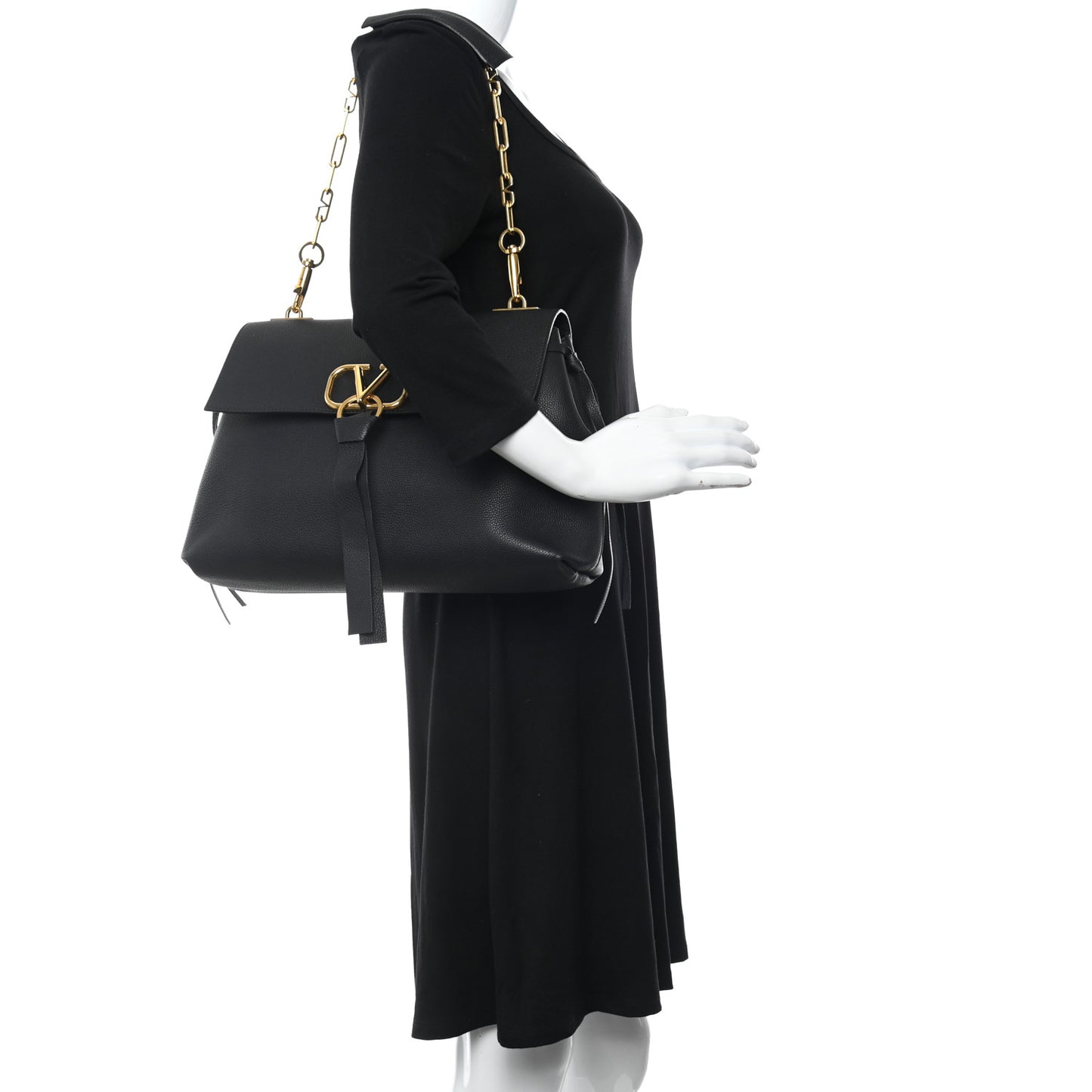 Pebbled Calfskin Large VRing Chain Shoulder Bag Black