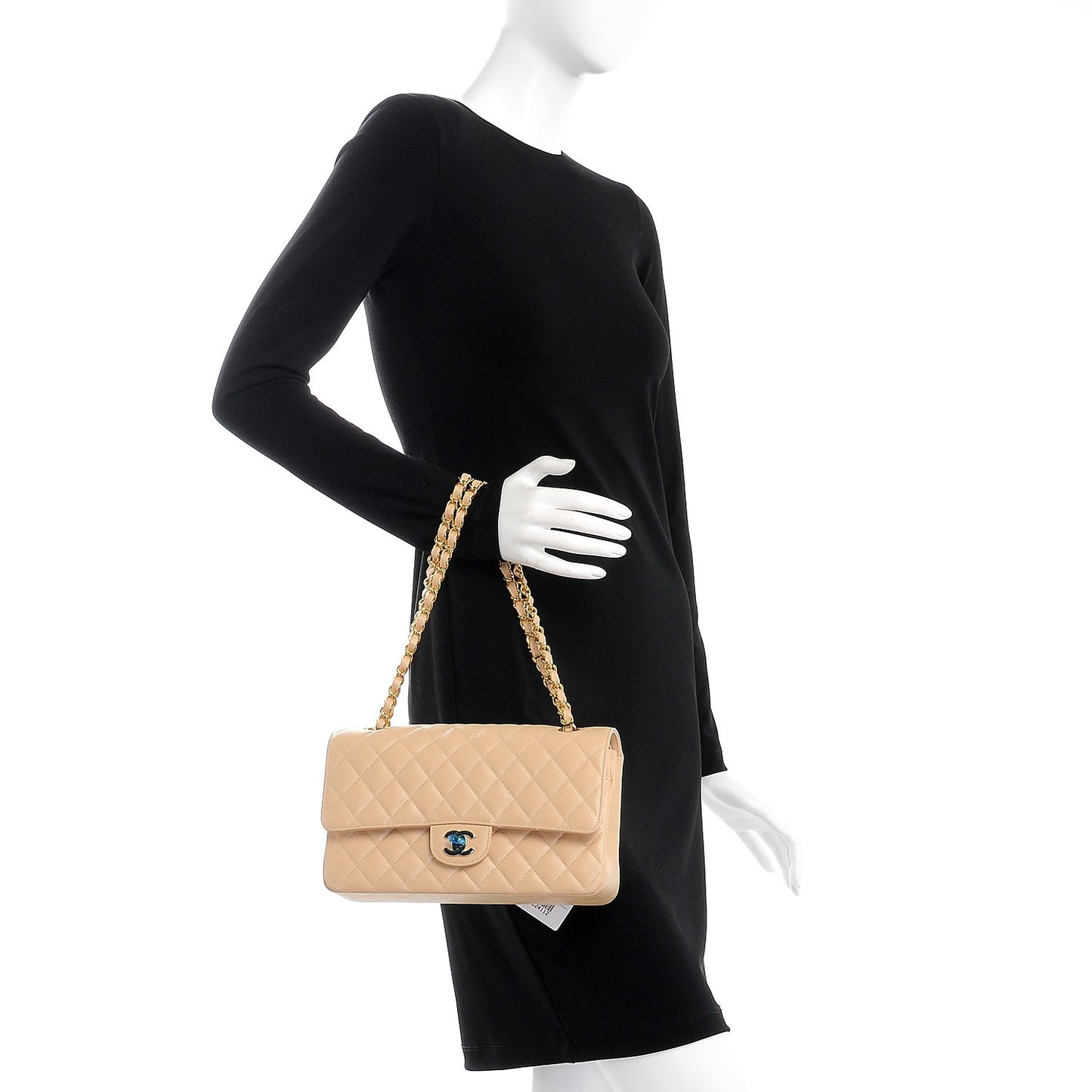 Caviar Quilted Medium Double Flap Beige