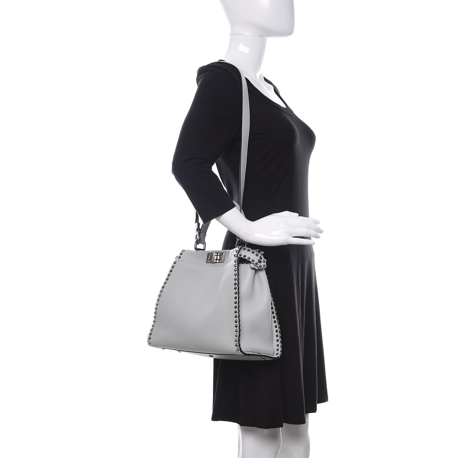 Fendi Vitello Seta Shiny Nappa Scalloped Studded Medium Peekaboo Iconic Satchel Grigio Perla 2 of 10
