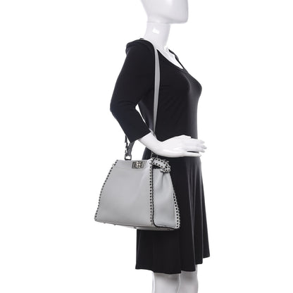 Fendi Vitello Seta Shiny Nappa Scalloped Studded Medium Peekaboo Iconic Satchel Grigio Perla 2 of 10