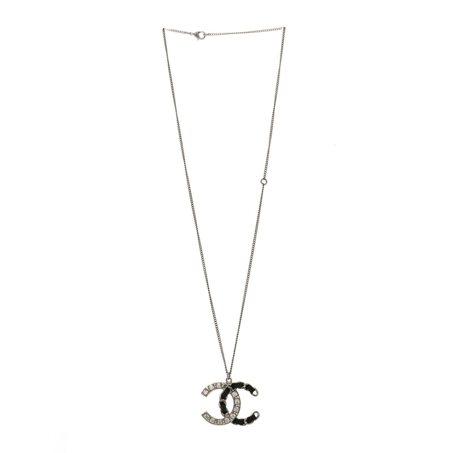 Lambskin Baguette Crystal CC Necklace Black Silver
