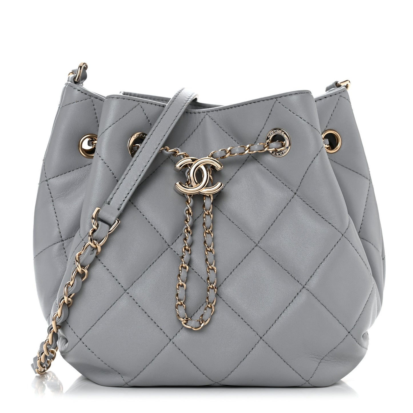 Lambskin Quilted CC Dweller Drawstring Bucket Bag Light Grey