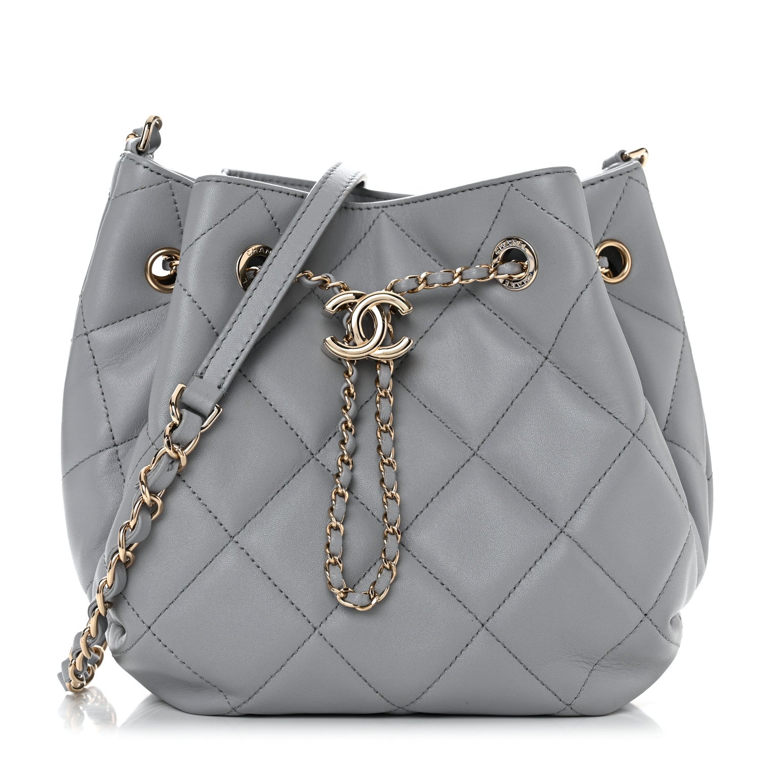 Chanel Lambskin Quilted CC Dweller Drawstring Bucket Bag Light Grey 1 of 10