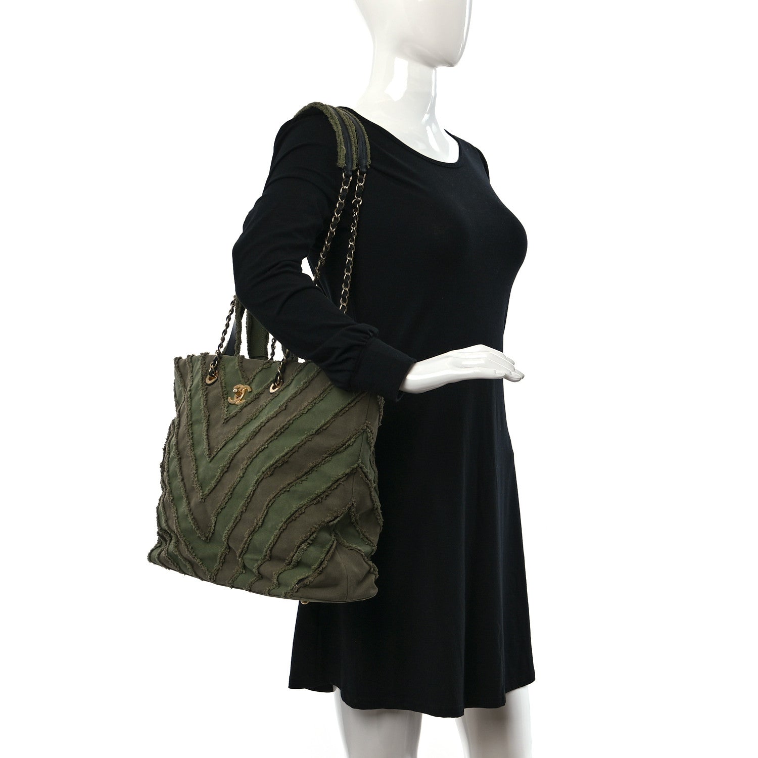 Chanel Canvas Chevron Cuba Patchwork Shopper Tote Khaki 3 of 9