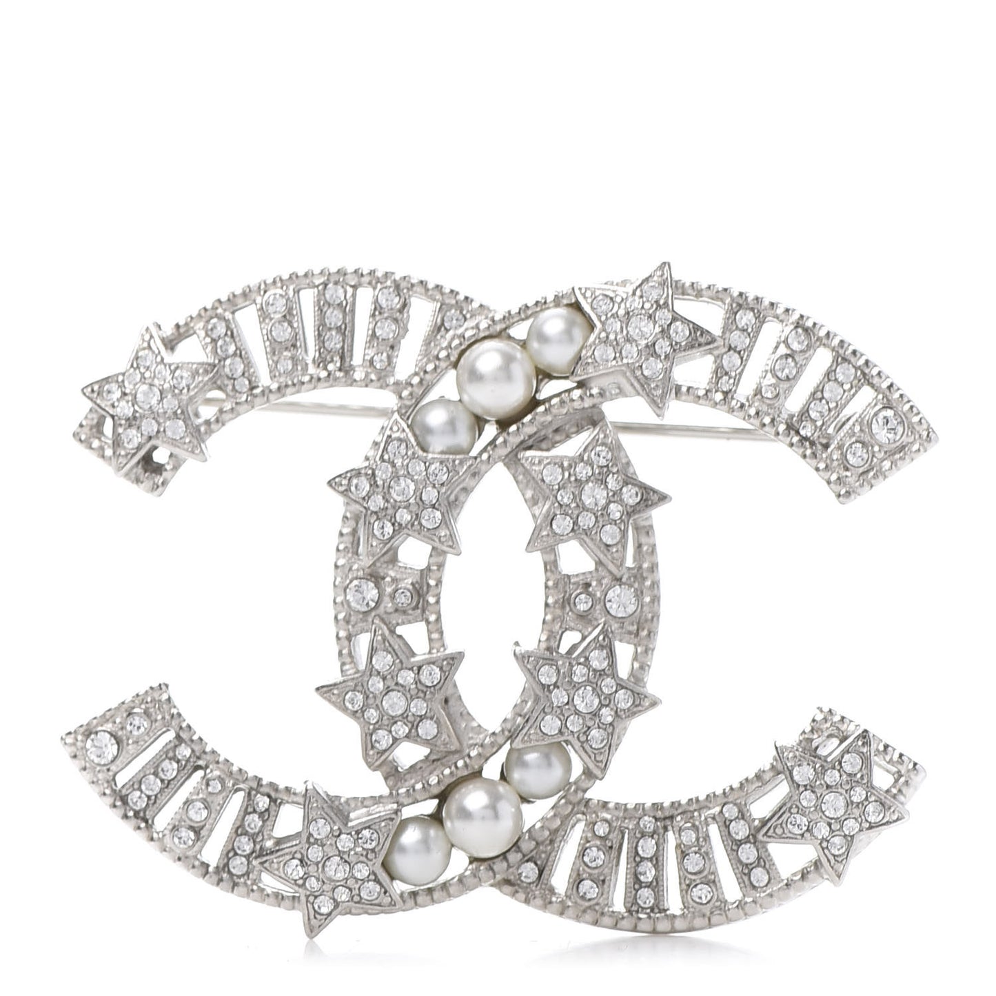 Crystal Pearl CC Star Coco Flapper Brooch Silver