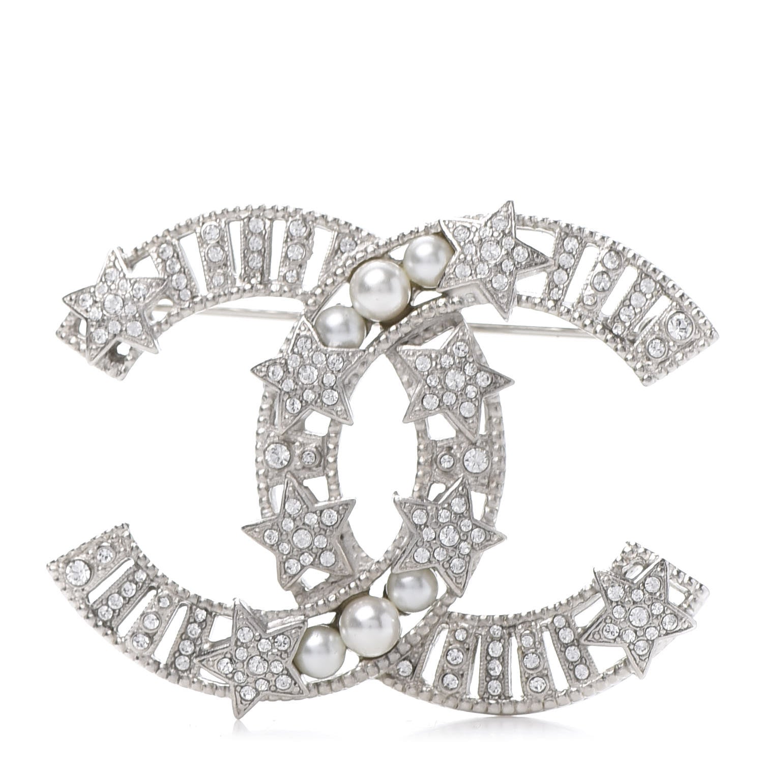 Chanel Crystal Pearl CC Star Coco Flapper Brooch Silver 1 of 5