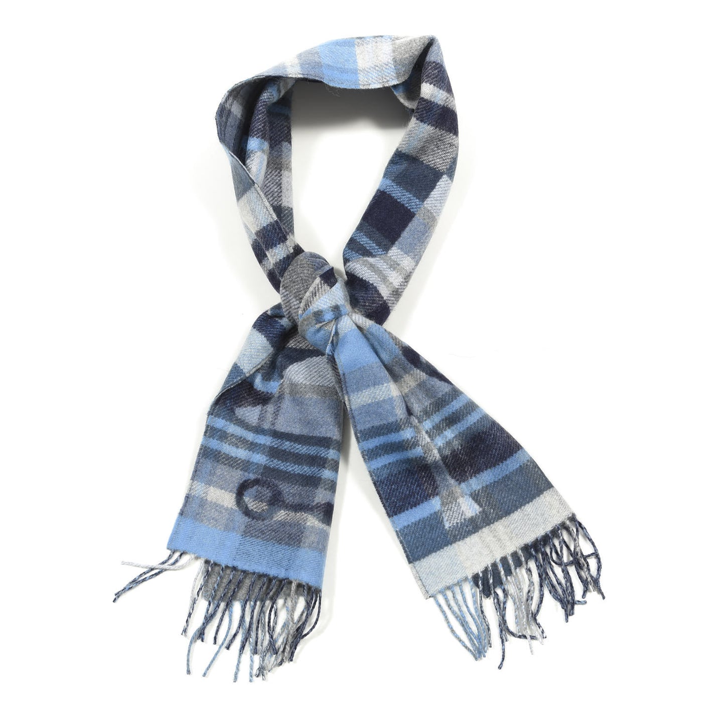 Cashmere HER-MES Tartan Muffler Ciel Gris Bleu Marine Ardoise