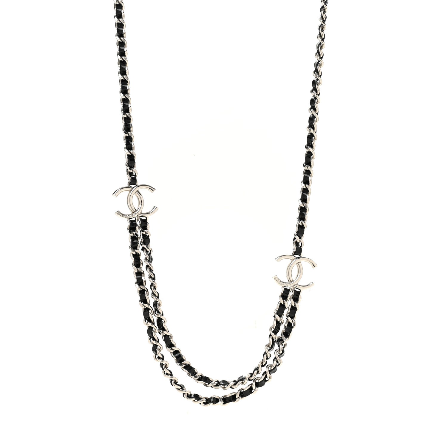 Metal Patent CC Double Chain Necklace Black Silver