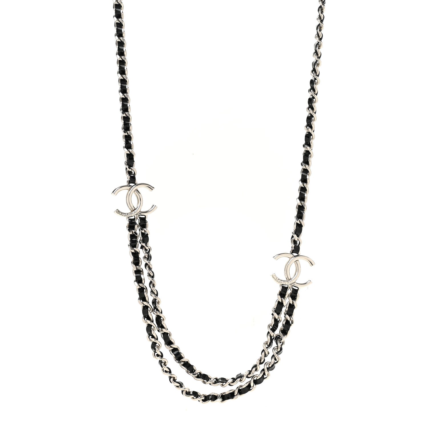 Chanel Metal Patent CC Double Chain Necklace Black Silver 1 of 6
