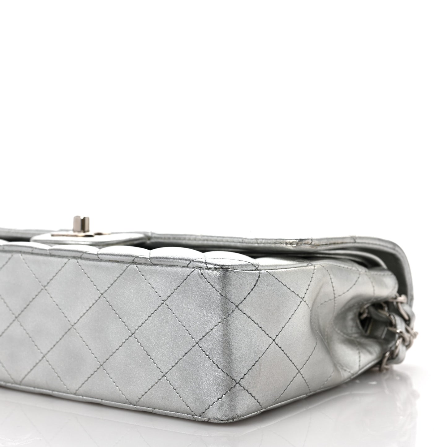 Metallic Lambskin Quilted Medium Double Flap Silver