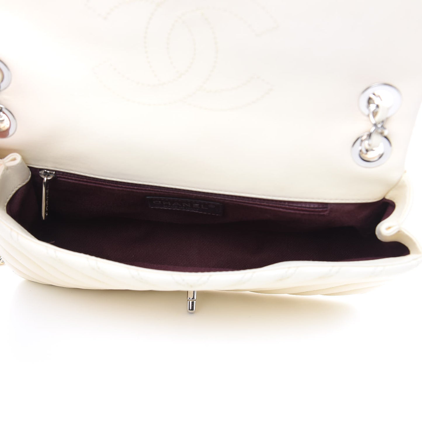 Lambskin Chevron Double Stitch Medium Single Flap White