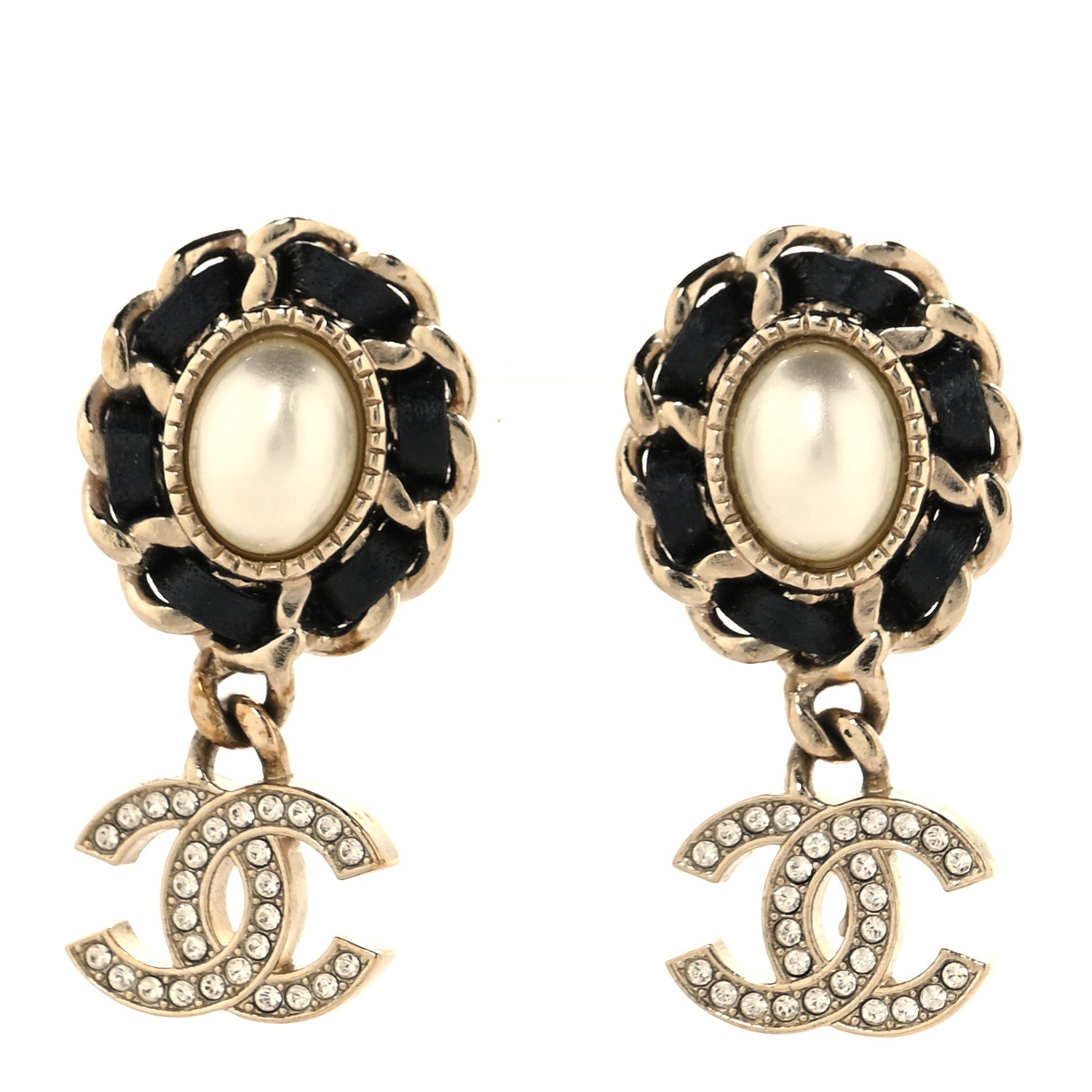 Chanel Pearl Lambskin Crystal CC Drop Earrings Gold White Black 1 of 5