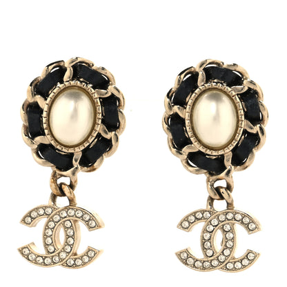 Chanel Pearl Lambskin Crystal CC Drop Earrings Gold White Black 1 of 5