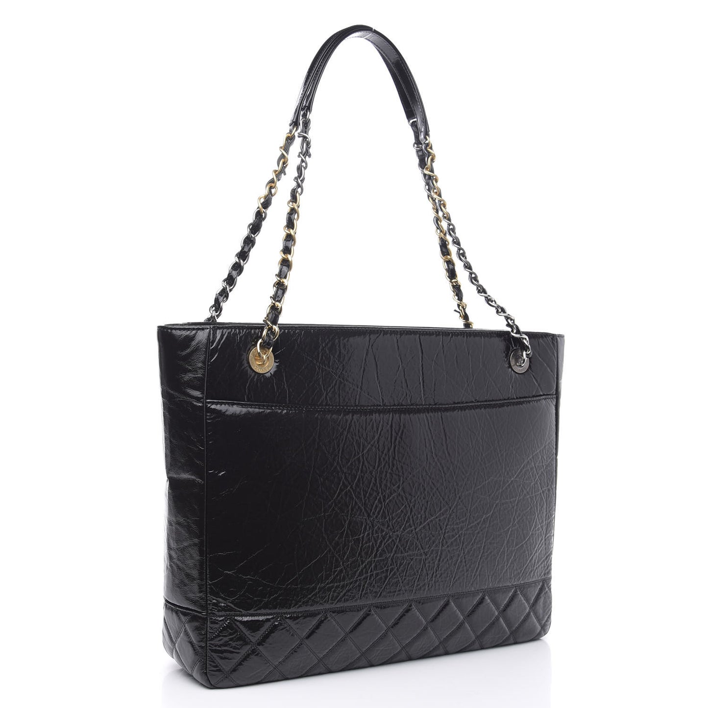 Shiny Aged Calfskin Quilted Large Shopping Bag Black