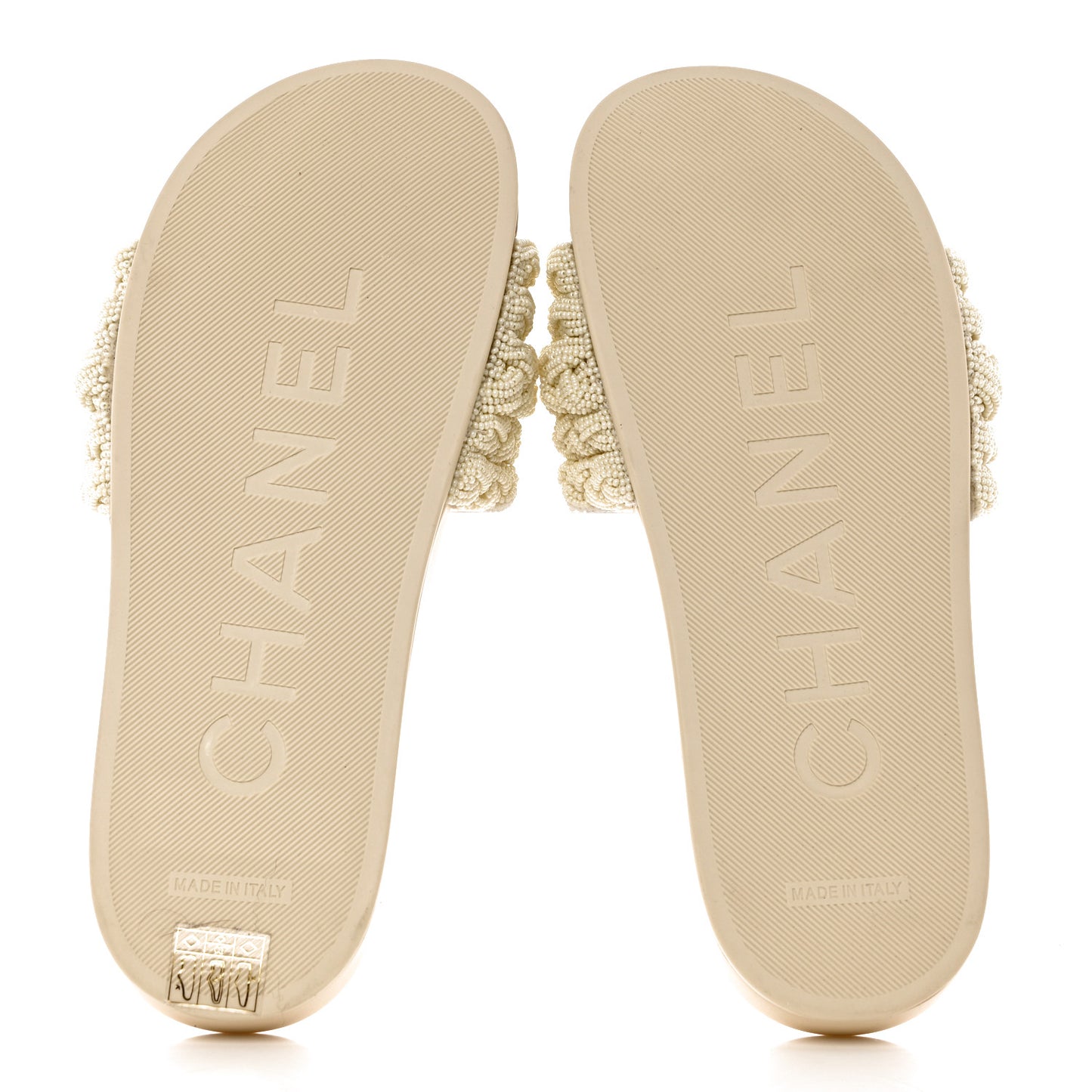 Lambskin Pearl Beaded Woven Slides 39 Beige