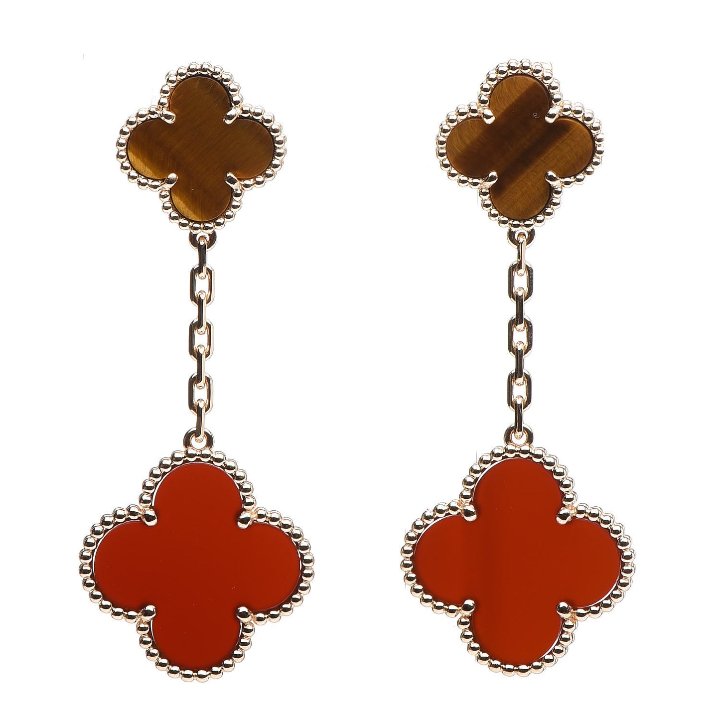 18K Yellow Gold Tiger Eye Carnelian 2 Motifs Magic Alhambra Earrings