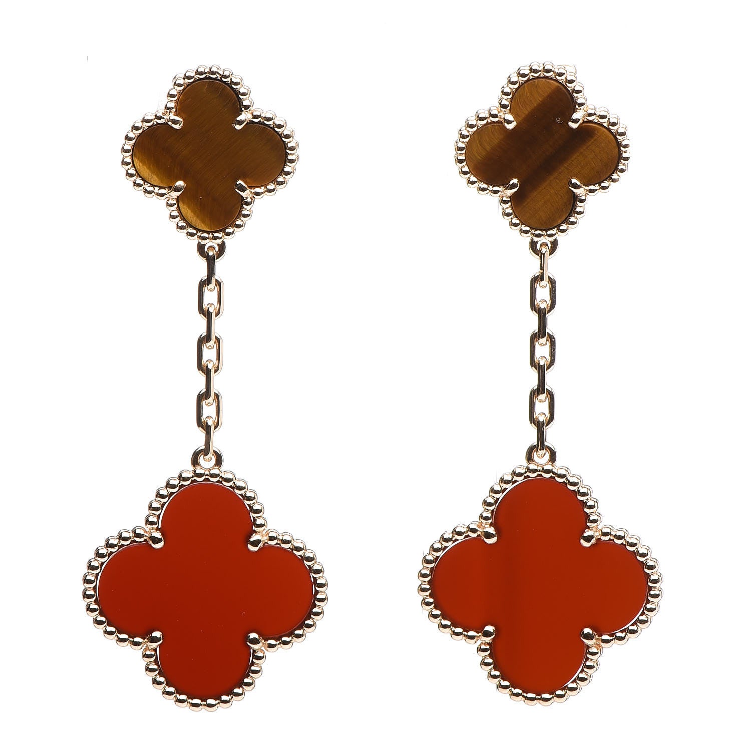 Van Cleef & Arpels 18K Yellow Gold Tiger Eye Carnelian 2 Motifs Magic Alhambra Earrings 1 of 5