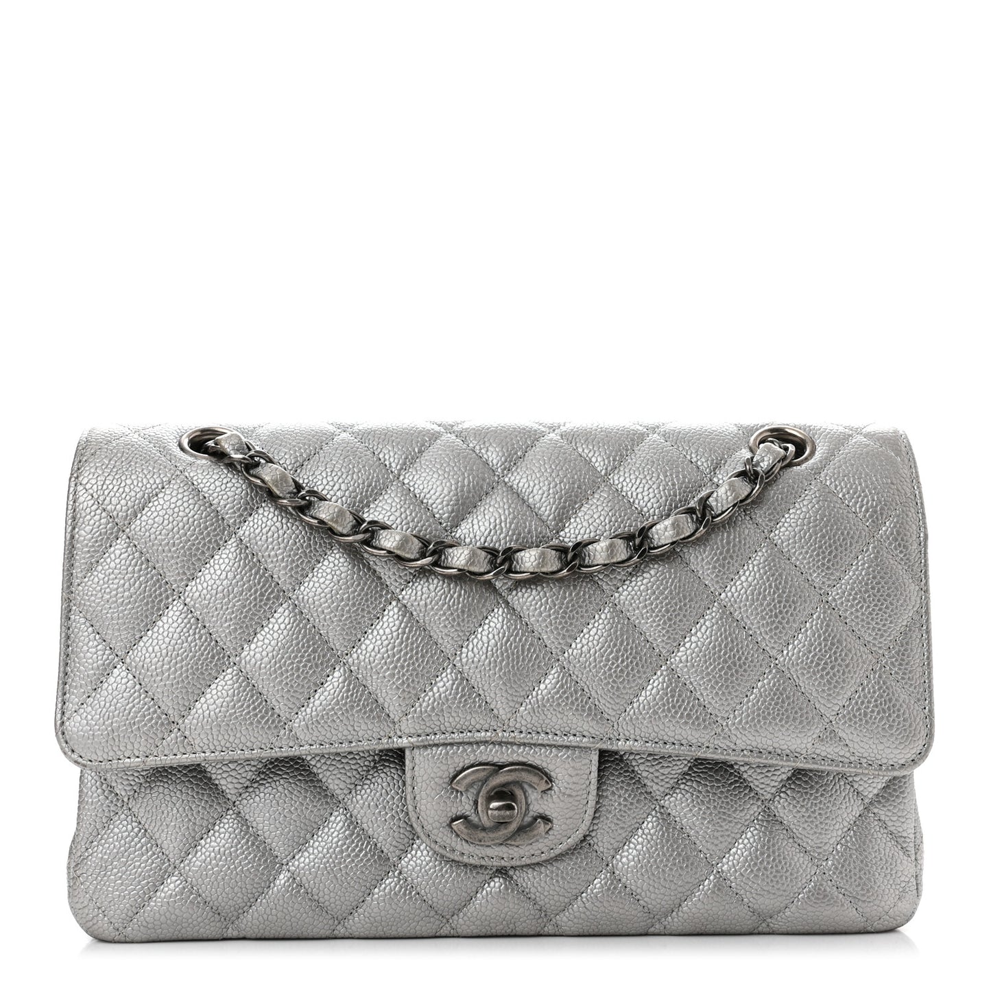 Metallic Caviar Quilted Medium Double Flap Silver