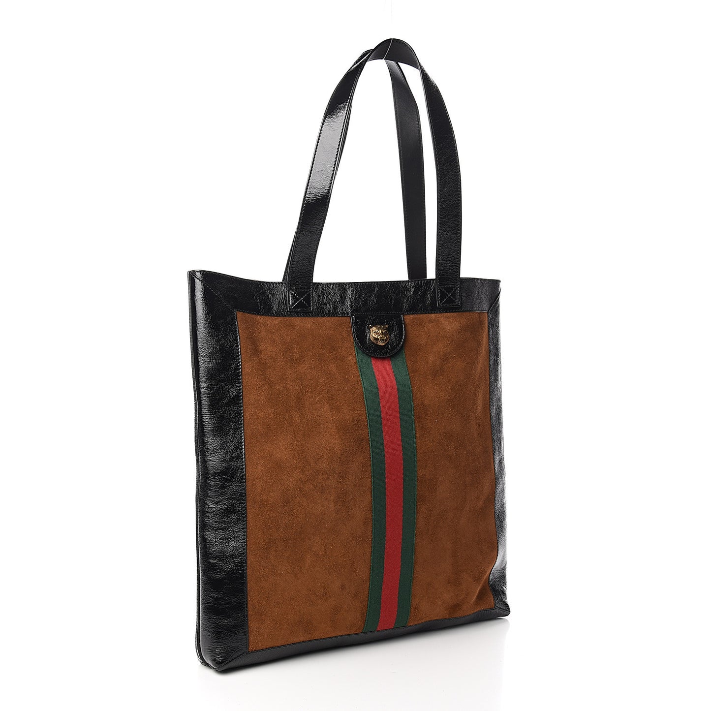 Suede Patent Web Large Ophidia Vertical Shopping Tote Nocciola Black
