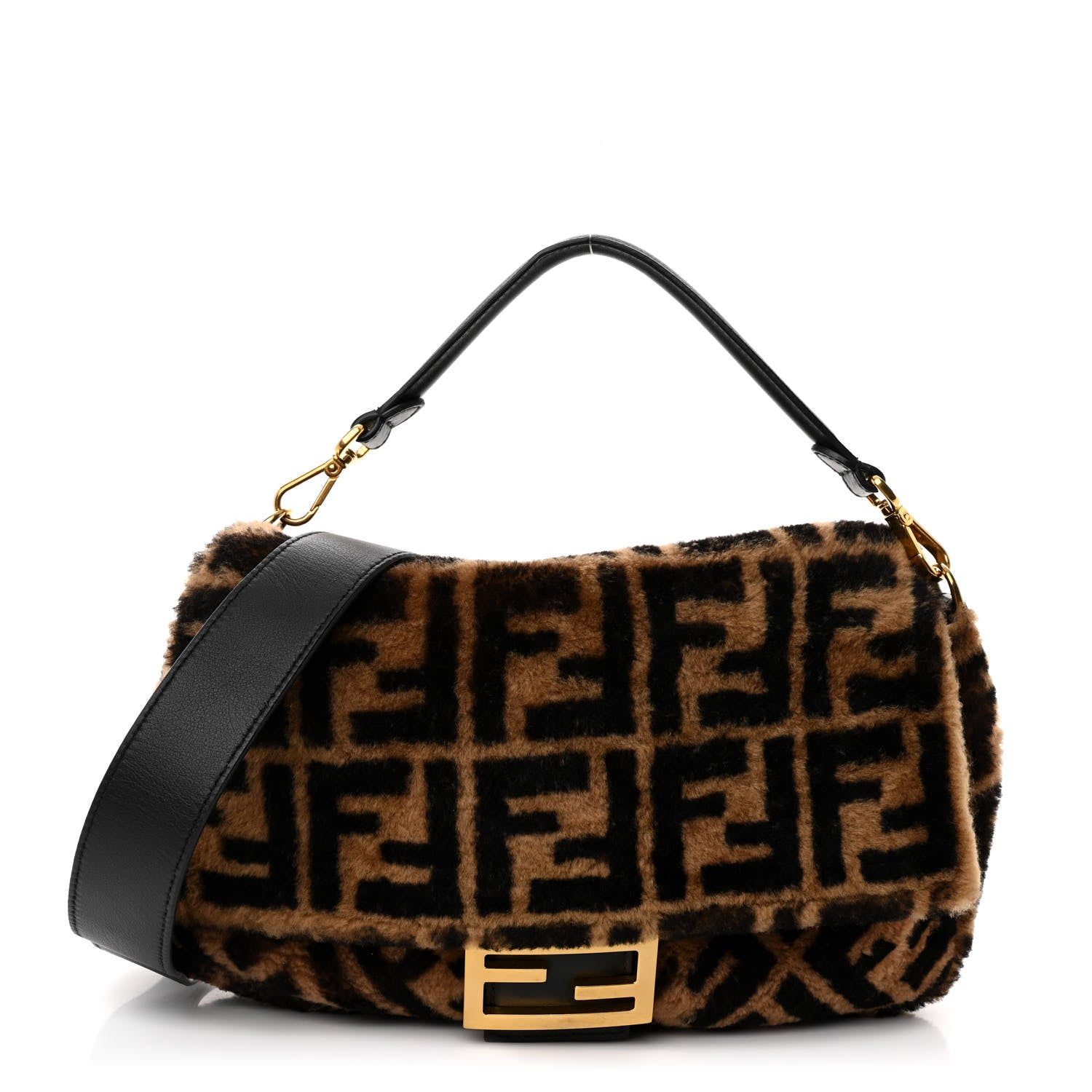 Fendi Shearling Vitello Dolce Macro FF 1974 Baguette Tobacco Black 1 of 9