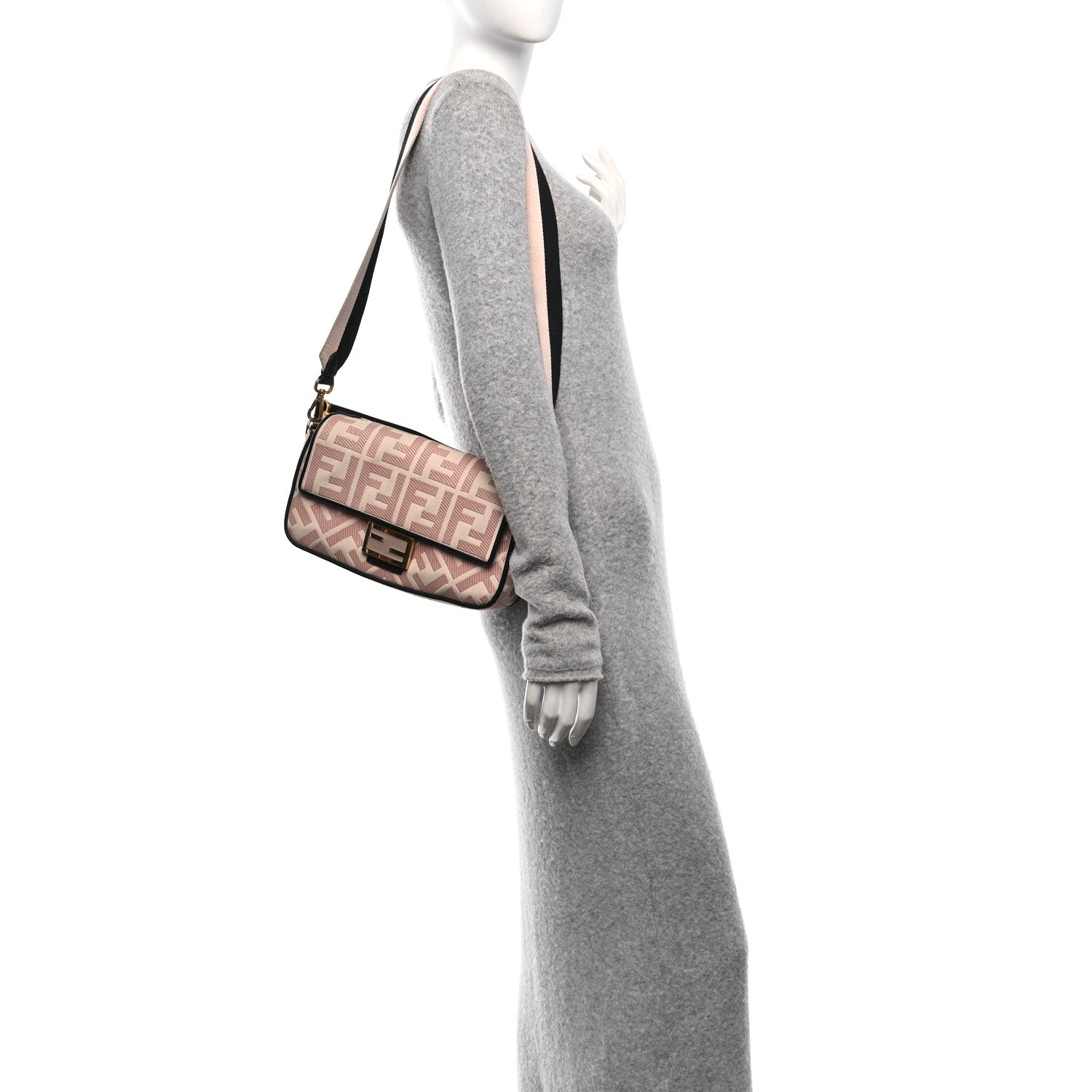 Fendi Canvas Vitello King FF Embroidered Baguette Rosa Quarzo Black 3 of 10