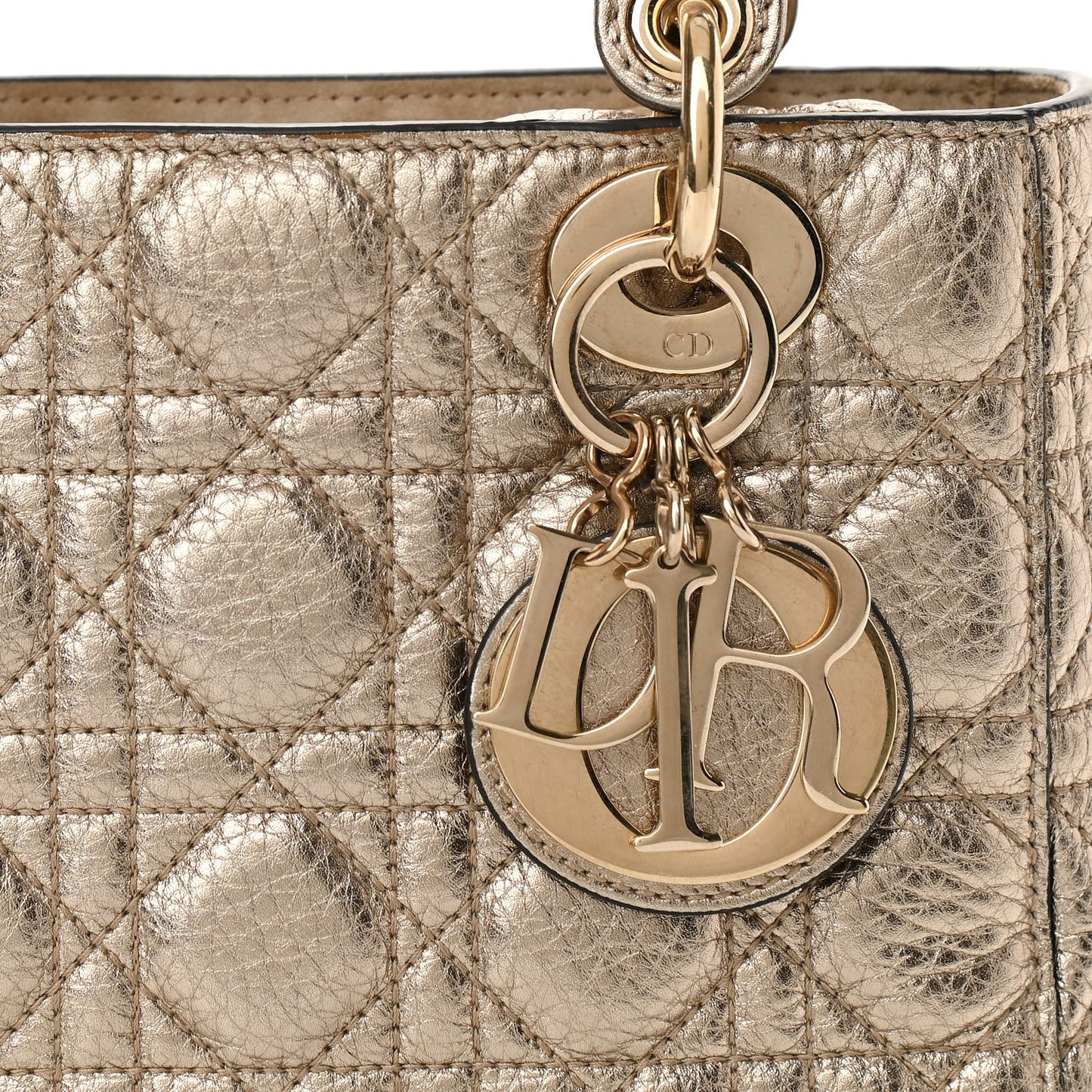 Metallic Grained Calfskin Cannage Small Supple Lady Dior Pale Gold