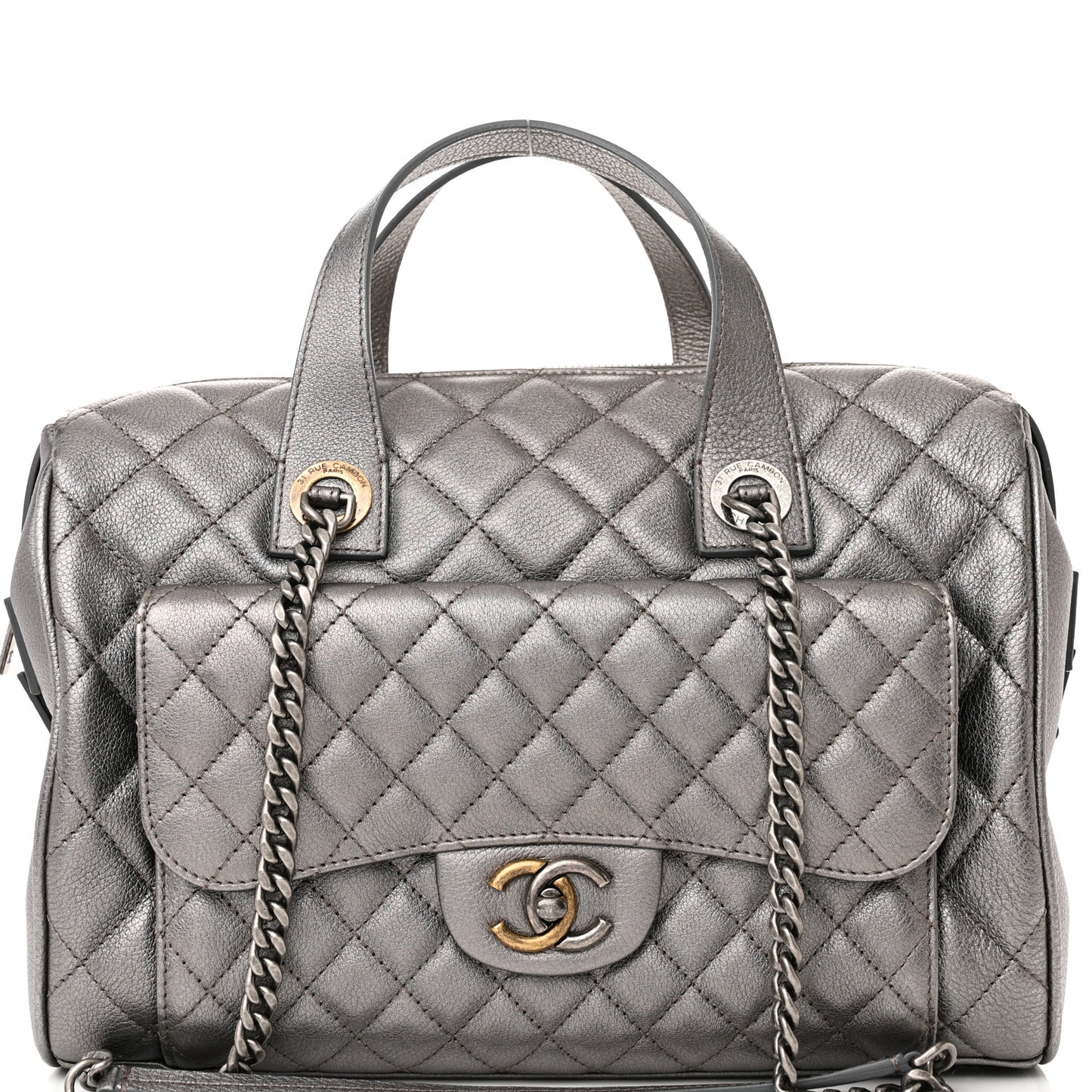 Metallic Grained Calfskin Quilted Large Casual Pocket Bowling Bag Silver