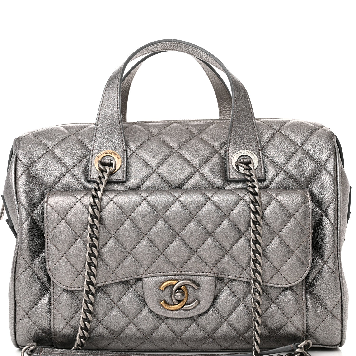 Chanel Metallic Grained Calfskin Quilted Large Casual Pocket Bowling Bag Silver 8 of 12