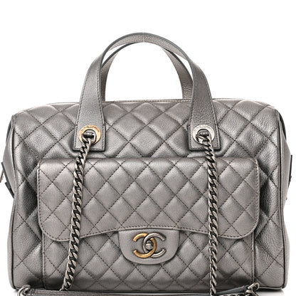 Chanel Metallic Grained Calfskin Quilted Large Casual Pocket Bowling Bag Silver 8 of 12