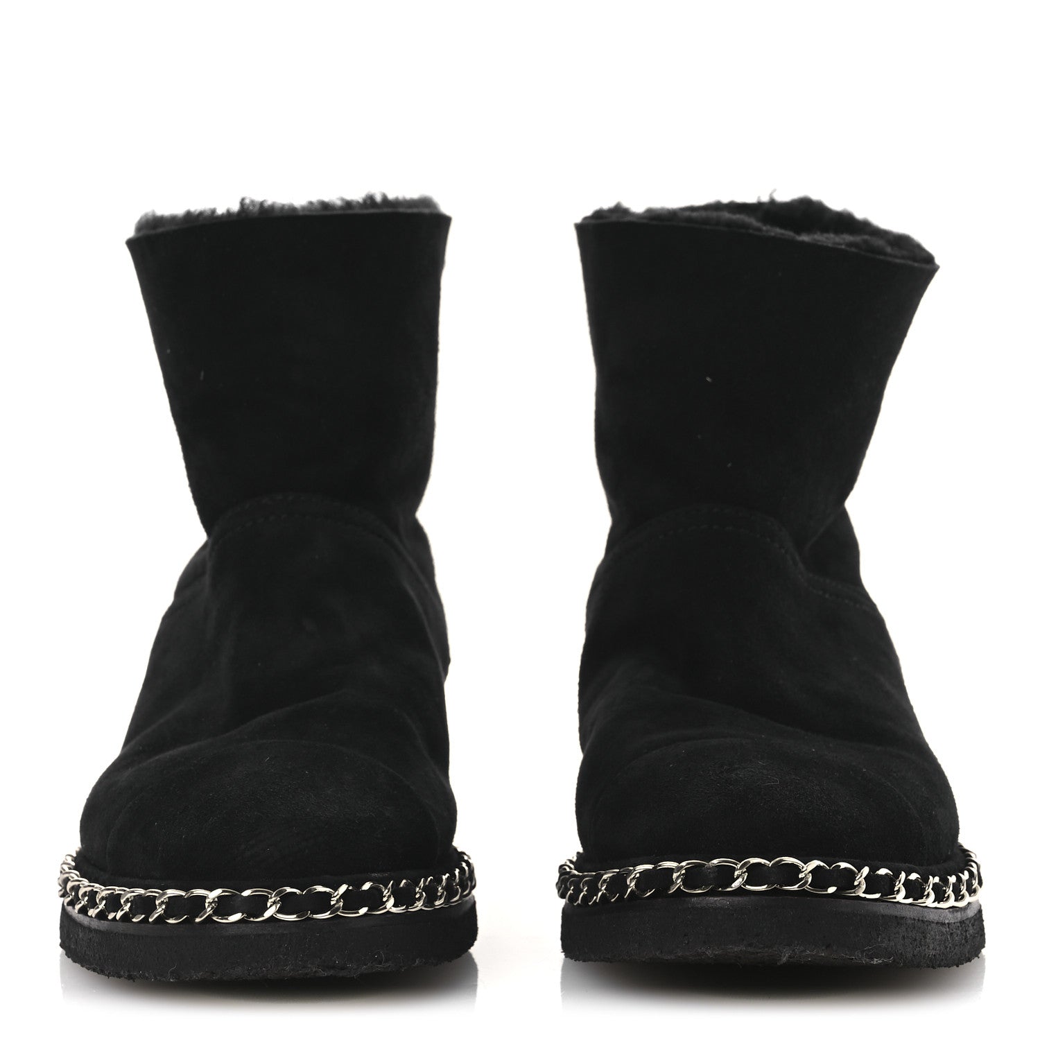 Chanel Kid Suede Shearling Womens Cap Toe Chain Short Boots 38 Black 3 of 13