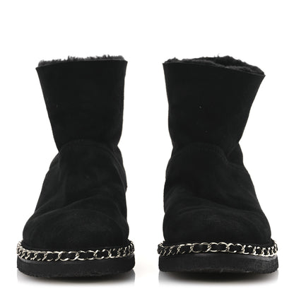 Chanel Kid Suede Shearling Womens Cap Toe Chain Short Boots 38 Black 3 of 13