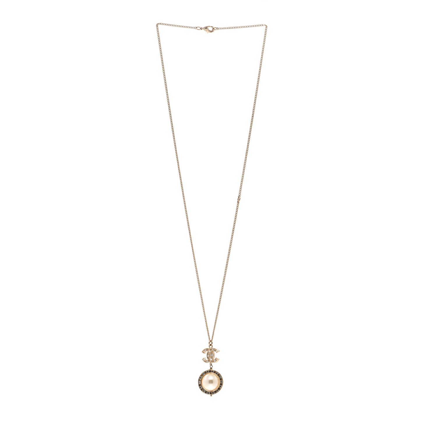 Pearl Crystal CC Pendant Necklace Gold