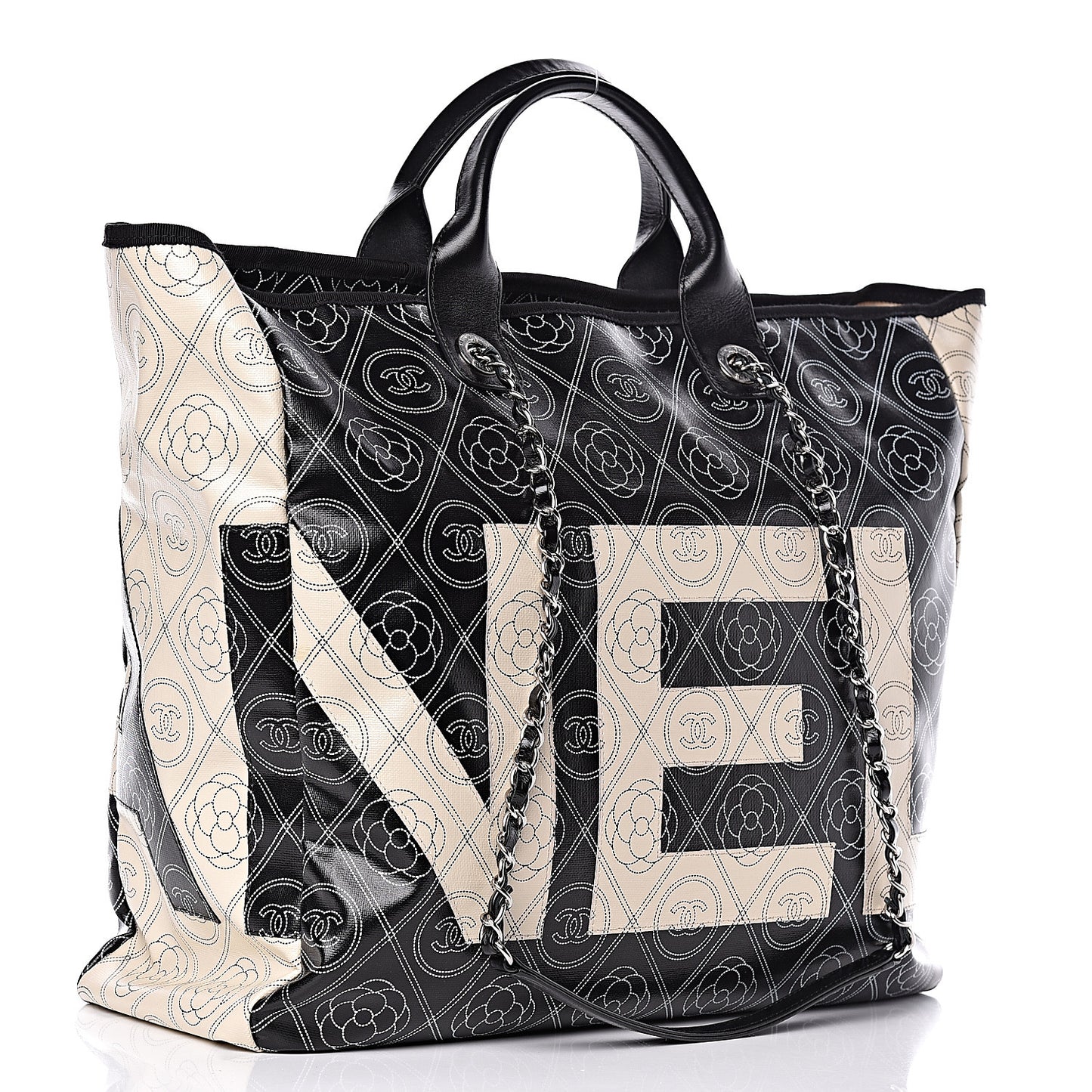 Coated Canvas Camellia Medium Shopping Tote Black Beige
