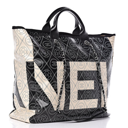 Chanel Coated Canvas Camellia Medium Shopping Tote Black Beige 3 of 14