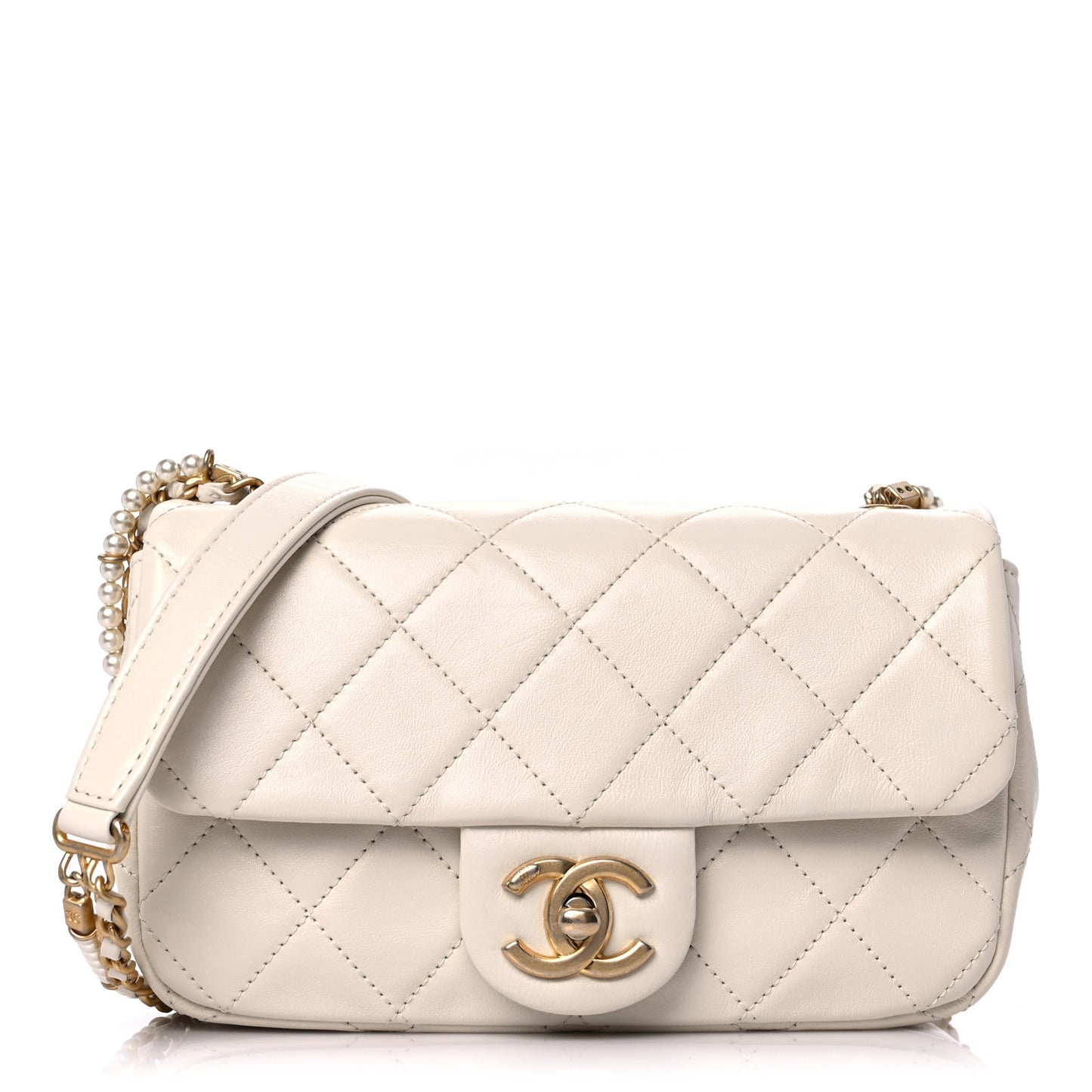 Calfskin Quilted Mini Crystal Pearls Rectangular Flap White