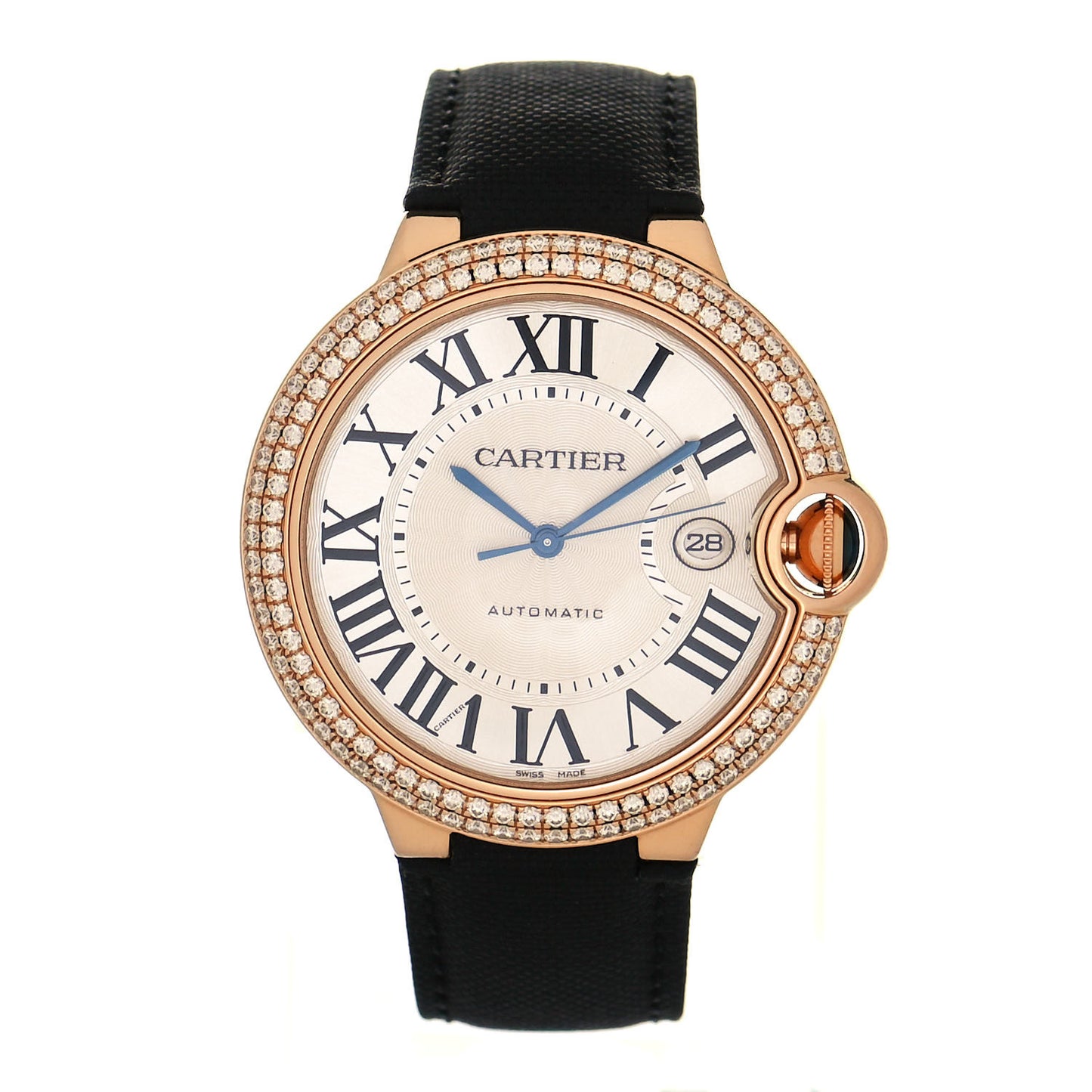 18K Pink Gold Nylon Diamond Bezel 42mm Ballon Bleu De Cartier Automatic Watch