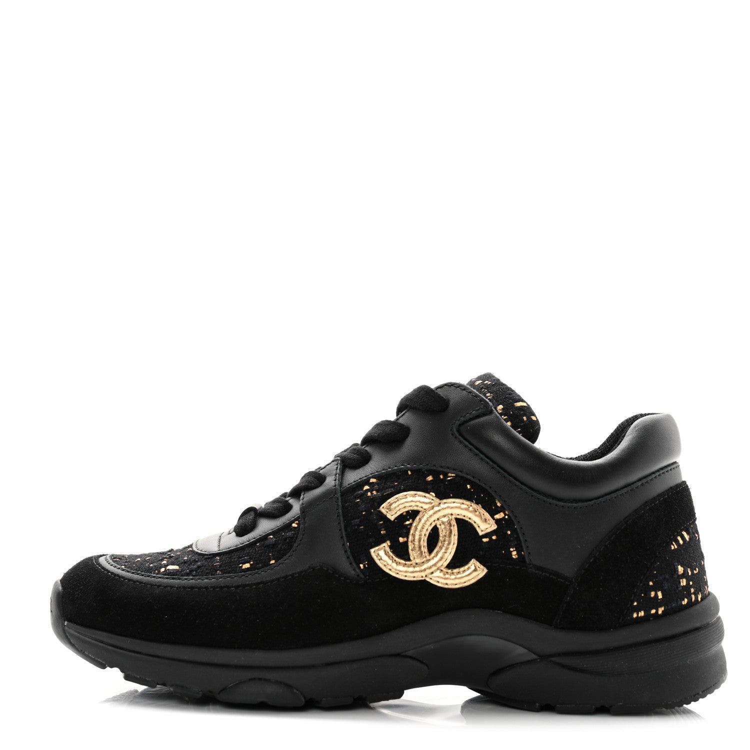 Chanel Velour Tweed CC Sneakers 35.5 Black Gold 1 of 9