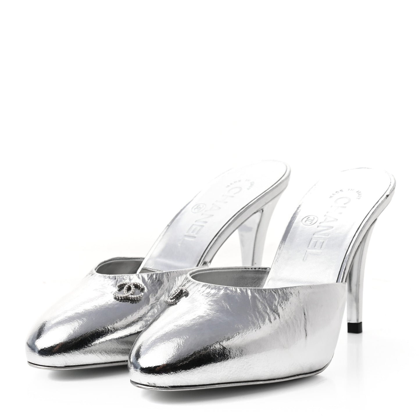 Metallic Goatskin CC Mules 36 Silver