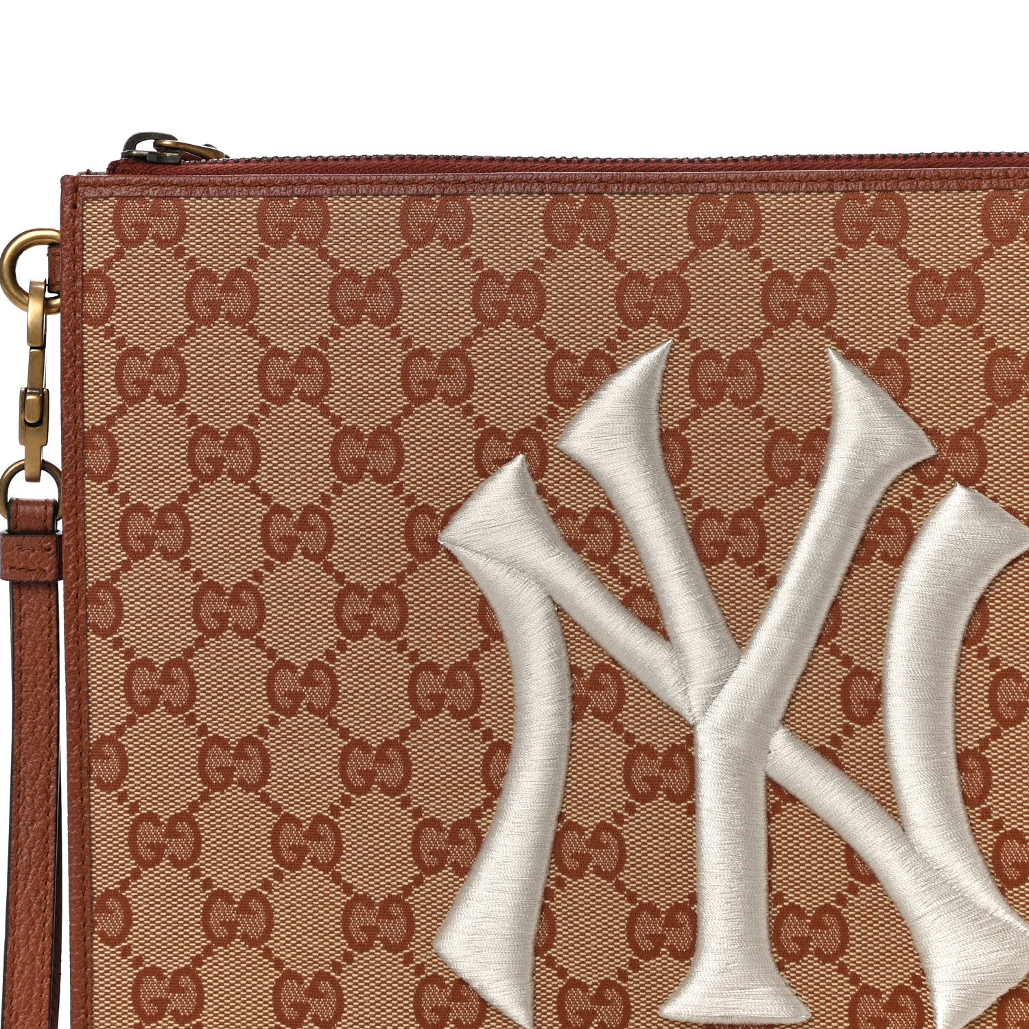 Gucci X MLB GG Monogram NY Yankees Zip Wristlet Pouch Beige Ruggine Ivory 9 of 11