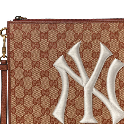 Gucci X MLB GG Monogram NY Yankees Zip Wristlet Pouch Beige Ruggine Ivory 9 of 11