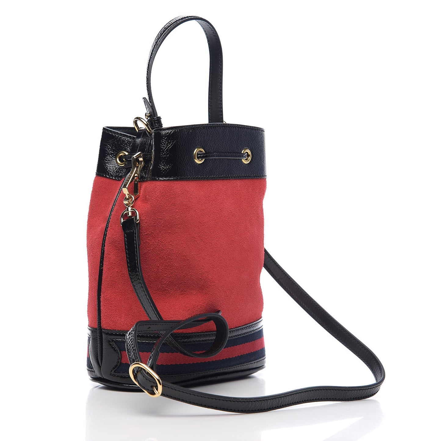 Suede Patent Web Small Ophidia Bucket Bag Hibiscus Red Black