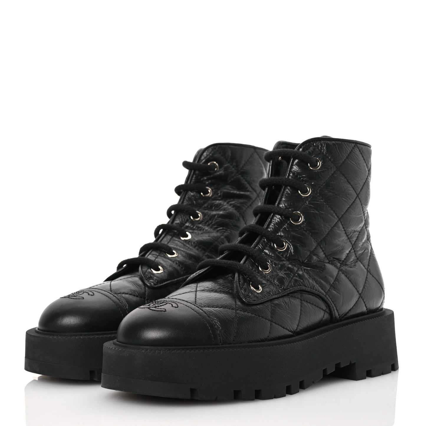 Crumpled Lambskin Quilted Platform Lace Up Combat Boots 38 Black
